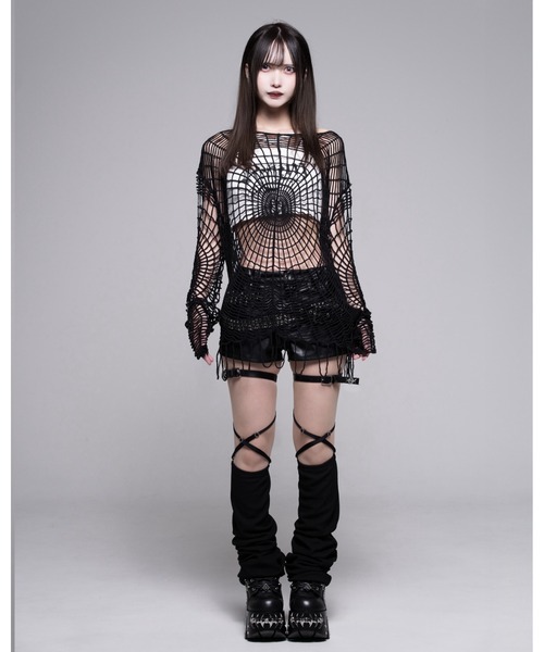 REFLEM(レフレム)の「『REFLEM/レフレム』キャミソール付きスパイダーメッシュニット(その他トップス・レディース・ブラック×ホワイト/ブラック・FREE)」の7枚目の写真