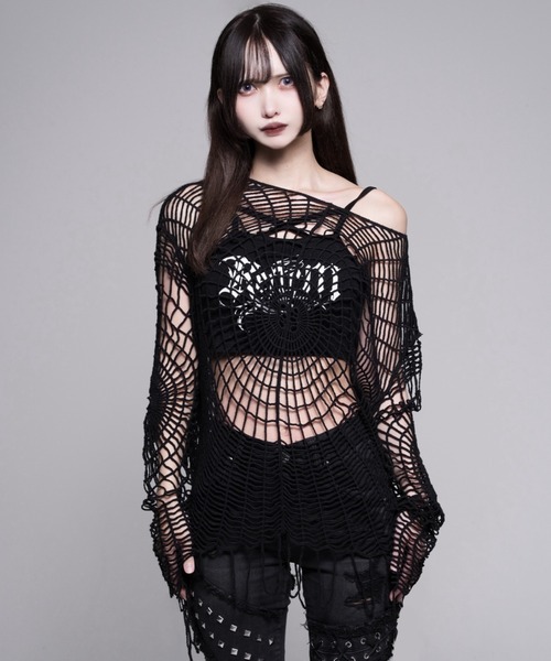 REFLEM(レフレム)の「『REFLEM/レフレム』キャミソール付きスパイダーメッシュニット(その他トップス・レディース・ブラック×ホワイト/ブラック・FREE)」の3枚目の写真
