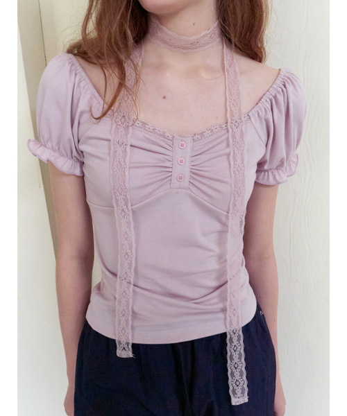 ETMON(エトモン)の「Lace Scarf Puff T-Shirt, Lavender Pink(Tシャツ/カットソー・レディース・その他・F)」の2枚目の写真