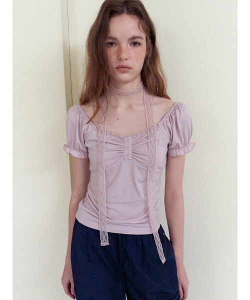 ETMON(エトモン)の「Lace Scarf Puff T-Shirt, Lavender Pink(Tシャツ/カットソー・レディース・その他・F)」の4枚目の写真
