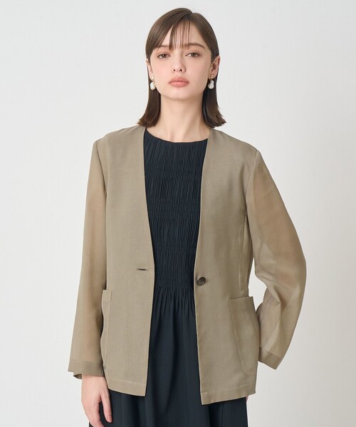 ANAYI(アナイ)の「オーガンジーノーカラーVジャケット(ノーカラージャケット・レディース・カーキ/ブラック・36/38)」の1枚目の写真