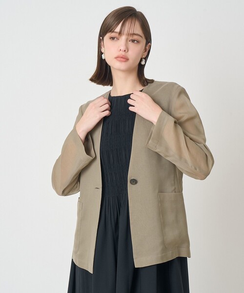 ANAYI(アナイ)の「オーガンジーノーカラーVジャケット(ノーカラージャケット・レディース・カーキ/ブラック・36/38)」の3枚目の写真