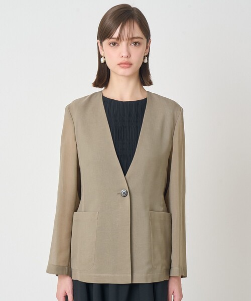 ANAYI(アナイ)の「オーガンジーノーカラーVジャケット(ノーカラージャケット・レディース・カーキ/ブラック・36/38)」の4枚目の写真