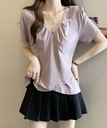 アイレットレース 不規則ヘム Vネック 半袖Tシャツ
