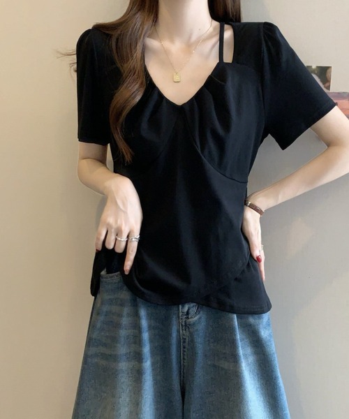 AMAJI(アマジ)の「アイレットレース 不規則ヘム Vネック 半袖Tシャツ(Tシャツ/カットソー・レディース・ホワイト/ブラック/パープル・MEDIUM/LARGE/X-LARGE)」の2枚目の写真