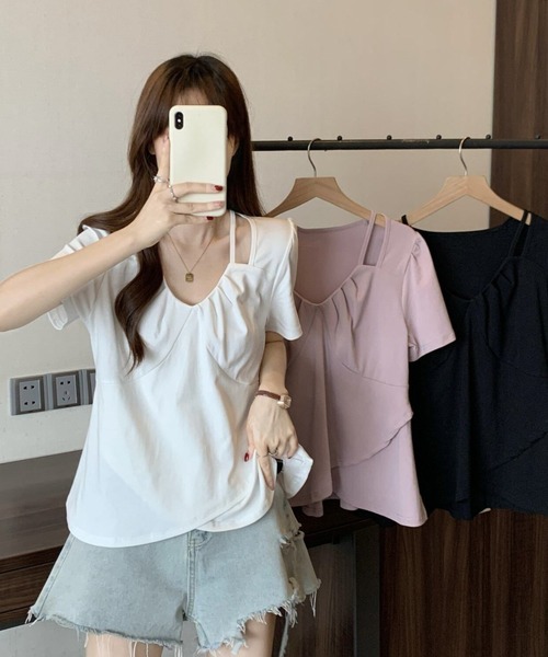 AMAJI(アマジ)の「アイレットレース 不規則ヘム Vネック 半袖Tシャツ(Tシャツ/カットソー・レディース・ホワイト/ブラック/パープル・MEDIUM/LARGE/X-LARGE)」の4枚目の写真