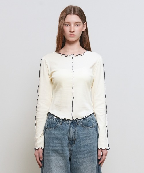 GENERAL IDEA(ジェネラルアイデア)の「GENERAL IDEA/ジェネラルアイディア INTERLOCK SLIM FIT T-SHIRT インターロックスリムフィットTシャツ メロー パイピング 配色 クルーネック ラウンドネック レディース 秋 秋服 2026年秋冬(Tシャツ/カットソー・レディース・クリーム/ブラウン・S/M/L)」の11枚目の写真
