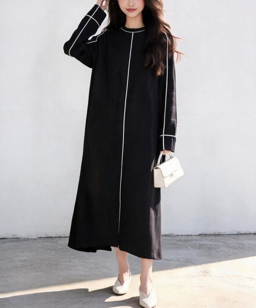 Sew loop（ソーループ）の「パイピングシャドーストライプ長袖Aラインワンピース（ワンピース・レディース・ブラック/パープル・FREE）」の2枚目の写真