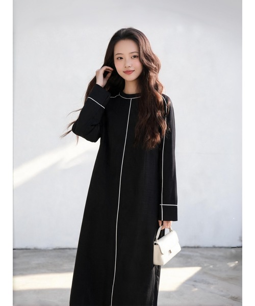 Sew loop（ソーループ）の「パイピングシャドーストライプ長袖Aラインワンピース（ワンピース・レディース・ブラック/パープル・FREE）」の7枚目の写真