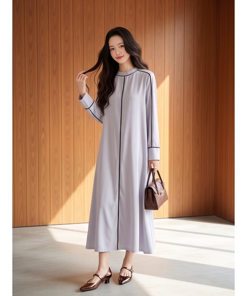 Sew loop（ソーループ）の「パイピングシャドーストライプ長袖Aラインワンピース（ワンピース・レディース・ブラック/パープル・FREE）」の3枚目の写真