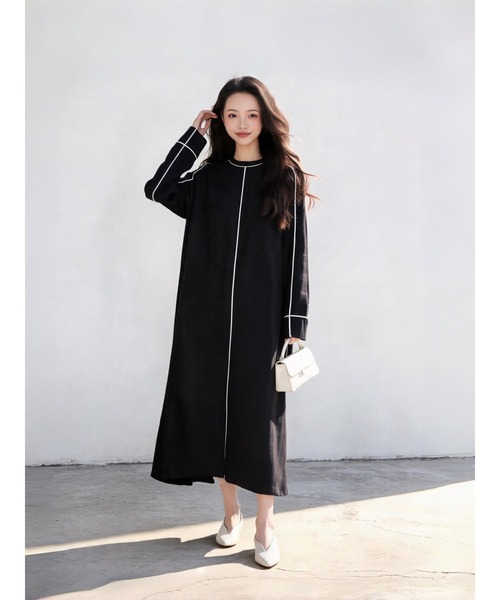 Sew loop（ソーループ）の「パイピングシャドーストライプ長袖Aラインワンピース（ワンピース・レディース・ブラック/パープル・FREE）」の6枚目の写真