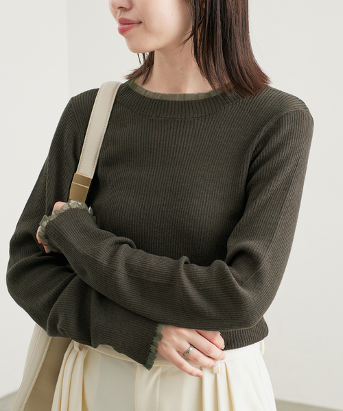 SLOBE IENA(スローブイエナ)の「《WEB限定/追加》シアーフリルリブニット(ニット/セーター・レディース・グレー/カーキ/ネイビー・FREE)」の2枚目の写真