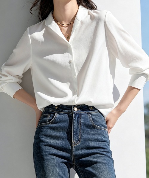 ONEP STAR(ワンピスター)の「ベーシック長袖シャツブラウス(シャツ/ブラウス・レディース・ホワイト・MEDIUM/X-LARGE/LARGE)」の9枚目の写真