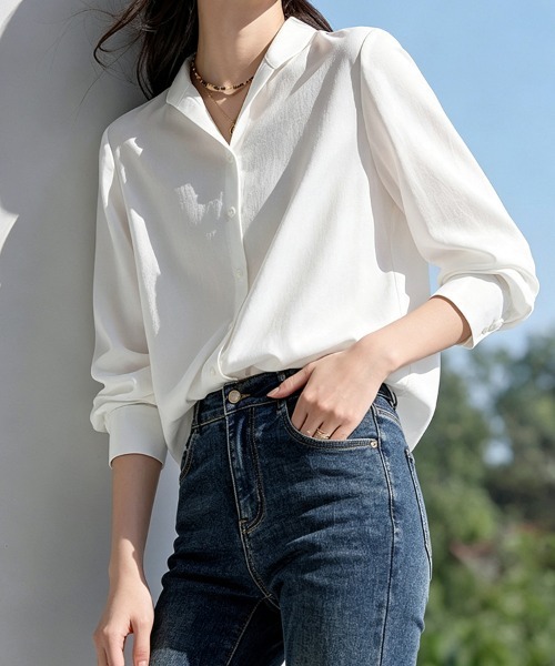 ONEP STAR(ワンピスター)の「ベーシック長袖シャツブラウス(シャツ/ブラウス・レディース・ホワイト・MEDIUM/X-LARGE/LARGE)」の10枚目の写真
