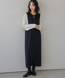 プリーツスリーブ Iラインワンピース/上品/ロング丈