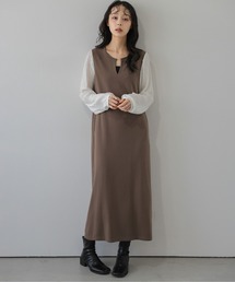 プリーツスリーブ Iラインワンピース/上品/ロング丈