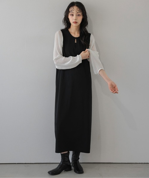 La-gemme（ラジェム）の「プリーツスリーブ Iラインワンピース/上品/ロング丈（ワンピース・レディース・ブラウン/ネイビー/ブラック・フリー）」の2枚目の写真