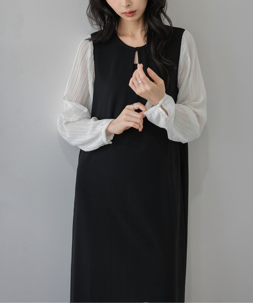 La-gemme（ラジェム）の「プリーツスリーブ Iラインワンピース/上品/ロング丈（ワンピース・レディース・ブラウン/ネイビー/ブラック・フリー）」の7枚目の写真
