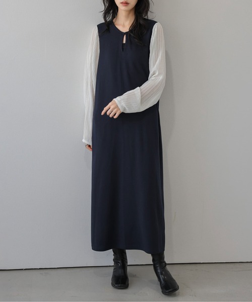 La-gemme（ラジェム）の「プリーツスリーブ Iラインワンピース/上品/ロング丈（ワンピース・レディース・ブラウン/ネイビー/ブラック・フリー）」の11枚目の写真