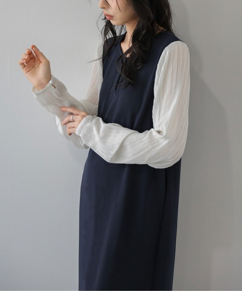 La-gemme（ラジェム）の「プリーツスリーブ Iラインワンピース/上品/ロング丈（ワンピース・レディース・ブラウン/ネイビー/ブラック・フリー）」の14枚目の写真