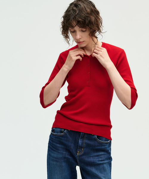 N.O.R.C(ノーク)の「【エクストラファインメリノウール】ヘンリーネック5分袖ニット(ニット/セーター・レディース・マスタード/レッド/ブラウン/ブラック/グレー・フリー)」の16枚目の写真