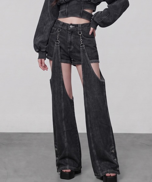 DURAS(デュラス)の「2WAYセパレートデニムパンツ(デニムパンツ・レディース・ブラック/インディゴブルー・M-L/S-M)」の1枚目の写真