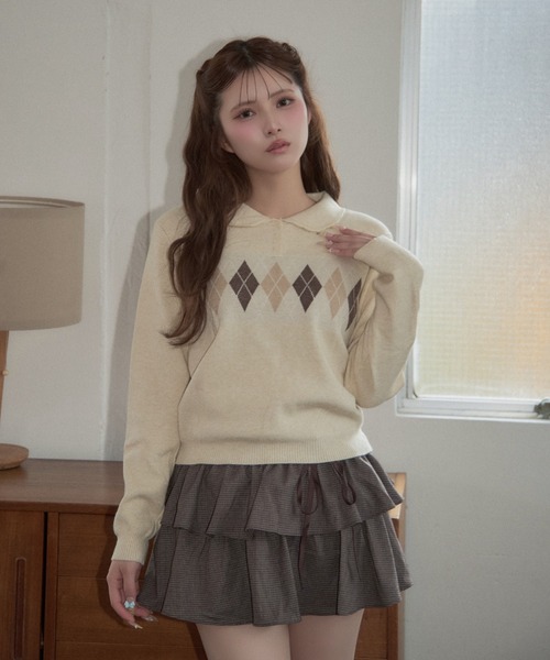 TITTY&CO.(ティティーアンドコー)の「クラシカルアーガイルニット(ニット/セーター・レディース・ネイビー/ベージュ/グレー/ピンク・FREE)」の12枚目の写真