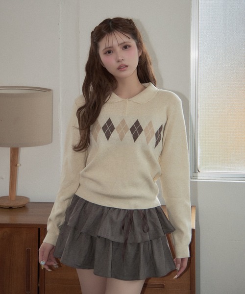 TITTY&CO.(ティティーアンドコー)の「クラシカルアーガイルニット(ニット/セーター・レディース・ネイビー/ベージュ/グレー/ピンク・FREE)」の15枚目の写真