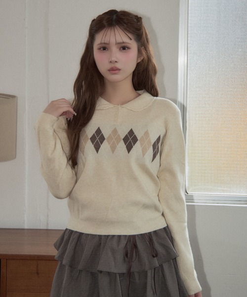 TITTY&CO.(ティティーアンドコー)の「クラシカルアーガイルニット(ニット/セーター・レディース・ネイビー/ベージュ/グレー/ピンク・FREE)」の16枚目の写真