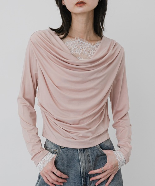 SENSE OF PLACE by URBAN RESEARCH（センスオブプレイスバイアーバンリサーチ）の「レースレイヤードドレープトップ（Tシャツ/カットソー・レディース・ピンク/オフホワイト/チャコールグレー・ONE）」の3枚目の写真