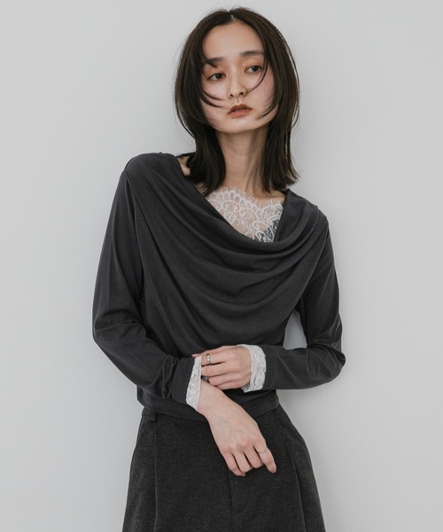 SENSE OF PLACE by URBAN RESEARCH（センスオブプレイスバイアーバンリサーチ）の「レースレイヤードドレープトップ（Tシャツ/カットソー・レディース・ピンク/オフホワイト/チャコールグレー・ONE）」の2枚目の写真
