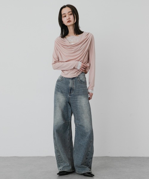 SENSE OF PLACE by URBAN RESEARCH（センスオブプレイスバイアーバンリサーチ）の「レースレイヤードドレープトップ（Tシャツ/カットソー・レディース・ピンク/オフホワイト/チャコールグレー・ONE）」の21枚目の写真
