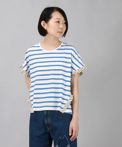 Ne-net（ネネット）の「S なみなみレースボーダー（Tシャツ/カットソー・レディース・イエロー/ブルー/グリーン・02）」の3枚目の写真