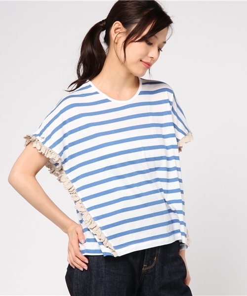 Ne-net（ネネット）の「S なみなみレースボーダー（Tシャツ/カットソー・レディース・イエロー/ブルー/グリーン・02）」の16枚目の写真