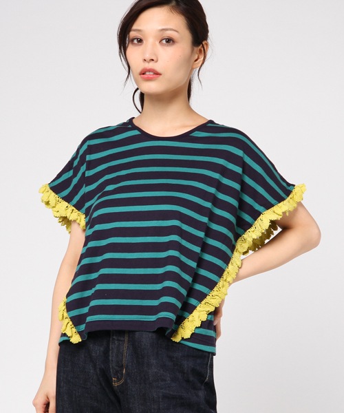 Ne-net（ネネット）の「S なみなみレースボーダー（Tシャツ/カットソー・レディース・イエロー/ブルー/グリーン・02）」の2枚目の写真