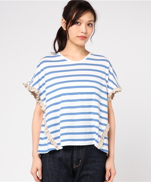 Ne-net（ネネット）の「S なみなみレースボーダー（Tシャツ/カットソー・レディース・イエロー/ブルー/グリーン・02）」の9枚目の写真