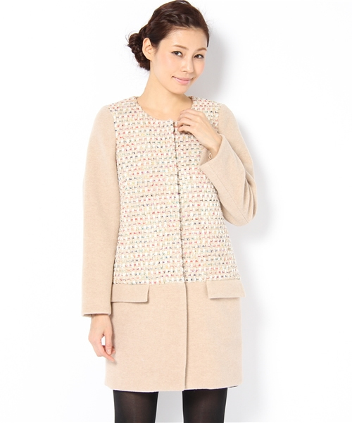 JewelChanges 凄惨 ベージュ ツィード ノーカラーコート 