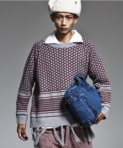 banal chic bizarre（バナルシックビザール）の「AFGHAN KNIT ◆（ニット/セーター・メンズ・ブラック×ホワイト/ワインレッド・FREE）」の2枚目の写真