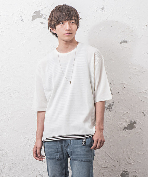 MinoriTY（マイノリティ）の「12Gサイドリブルーズシルエット5分袖サマーニット（ニット/セーター・メンズ・オフホワイト/ブラック/テラコッタ/ピンク/グレー/ベージュ/ネイビー/チャコール・M/L）」の2枚目の写真