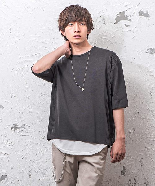 MinoriTY（マイノリティ）の「12Gサイドリブルーズシルエット5分袖サマーニット（ニット/セーター・メンズ・オフホワイト/ブラック/テラコッタ/ピンク/グレー/ベージュ/ネイビー/チャコール・M/L）」の5枚目の写真