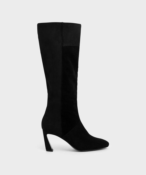 CHARLES & KEITH(チャールズ & キース)の「カーブドヒール コーデュロイニーブーツ / Curved Heel Corduroy Knee Boots(ブーツ・レディース・ブラック/マスタード・23cm/23.5cm/24.5cm/25cm/25.5cm/22.5cm)」の2枚目の写真