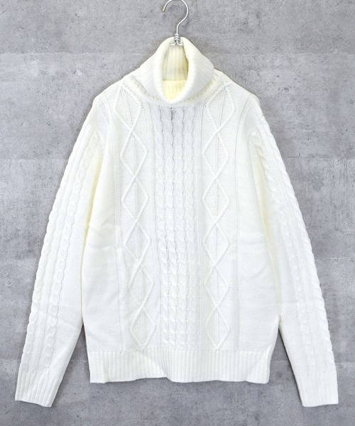 Anytime Songs（エニータイムソングス）の「アラン編みタートルネックセーター（ニット/セーター・メンズ・グレー/ブルー/ワインレッド/ホワイト/ブラック/ネイビー/ブラック系その他/ホワイト×ブラック/ベージュ・MEDIUM/LARGE/SMALL/X-LARGE）」の2枚目の写真