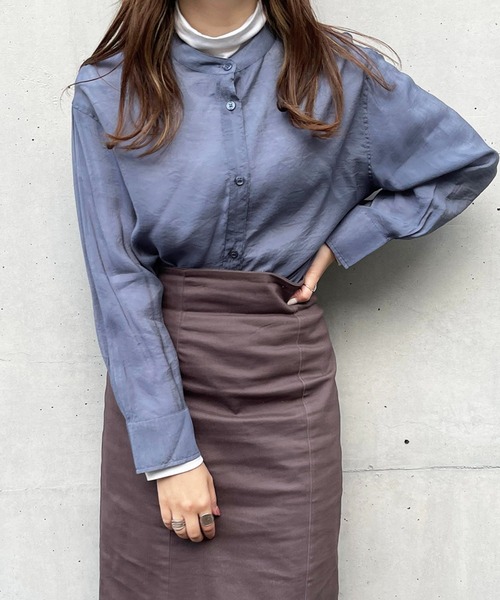 Mysa&Liina（ミーサリーナ）の「バンドカラーシアーシャツチュニック（シャツ/ブラウス・レディース・ブラック/オフホワイト/オレンジ/ミント/ネイビー/ブラウン/キャメル・M）」の5枚目の写真