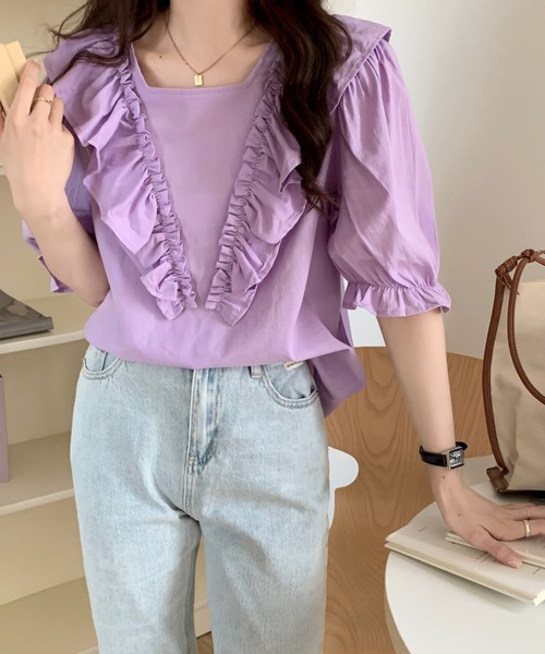 ABITOKYO（アビトーキョー）の「フロントフリルブラウス（シャツ/ブラウス・レディース・ホワイト/イエロー/パープル/ライトグリーン/ブラック/サックスブルー・FREE）」の6枚目の写真