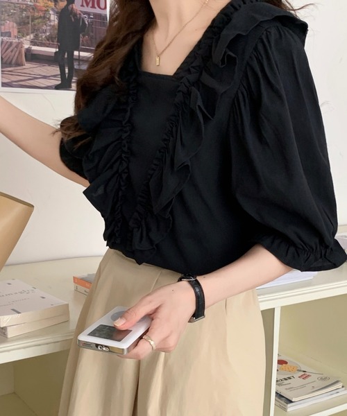 ABITOKYO（アビトーキョー）の「フロントフリルブラウス（シャツ/ブラウス・レディース・ホワイト/イエロー/パープル/ライトグリーン/ブラック/サックスブルー・FREE）」の3枚目の写真