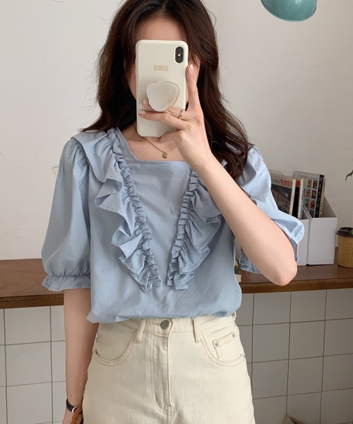 ABITOKYO（アビトーキョー）の「フロントフリルブラウス（シャツ/ブラウス・レディース・ホワイト/イエロー/パープル/ライトグリーン/ブラック/サックスブルー・FREE）」の7枚目の写真