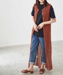 カギ編みロングジレにもなるリネンライク３wayクロシェワンピース