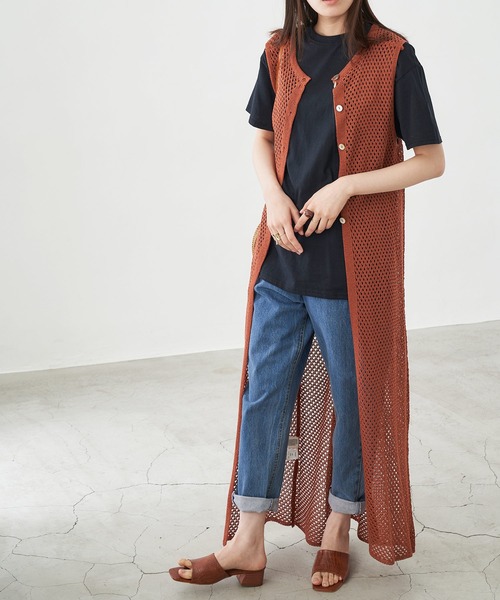 Chaco closet(チャコ クローゼット)の「カギ編みロングジレにもなるリネンライク3wayクロシェワンピース(ワンピース・レディース・ブラック/ベージュ/ブラウン/オレンジ/グリーン系その他/キナリ・FREE)」の6枚目の写真