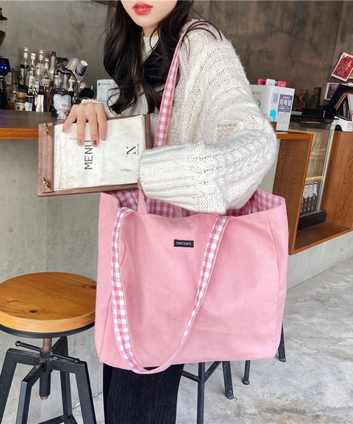 STYLEBLOCK（スタイルブロック）の「ギンガムチェック×無地リバーシブル2WAYトートバッグ（トートバッグ・レディース・ブルー/ブラック/カーキ/ピンク/イエロー・FREE）」の2枚目の写真