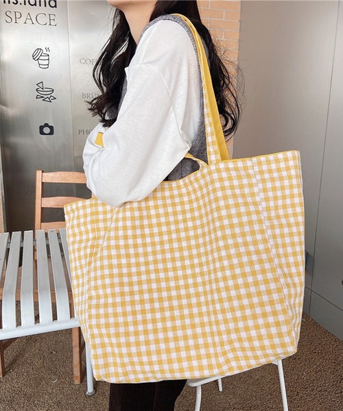 STYLEBLOCK（スタイルブロック）の「ギンガムチェック×無地リバーシブル2WAYトートバッグ（トートバッグ・レディース・ブルー/ブラック/カーキ/ピンク/イエロー・FREE）」の5枚目の写真